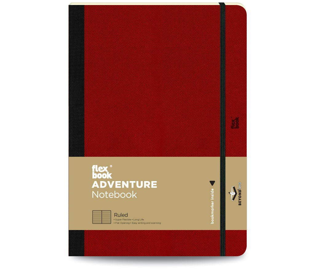 Flexbook Adventure vonalas jegyzetfüzet  piros, 17 × 24 cm, műbőr borítóval, belső zsebbel és könyvjelzővel