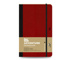 Flexbook Adventure vonalas jegyzetfüzet – piros, 13 × 21 cm, műbőr borítóval, belső zsebbel és könyvjelzővel