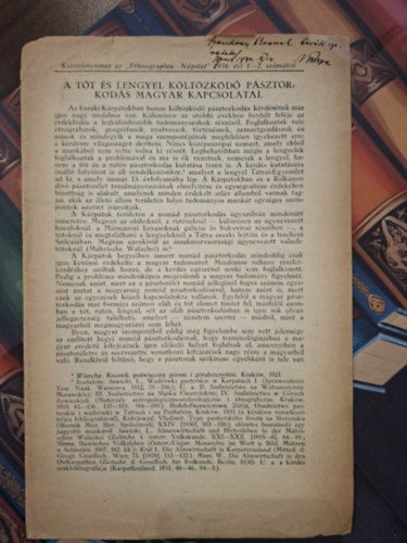 Kniezsa István - A tót és lengyel költözködő pásztorkodás magyar kapcsolatai (Különlenyomat - az "Ethnographia-Népélet" 1934. évi 1-2. számából)