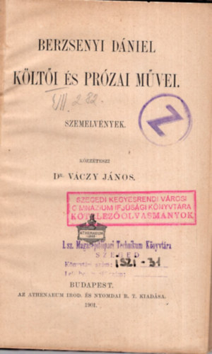 Dr. Váczy János (szerk.) - Berzsenyi Dániel költői és prózai művei (Iskolai Könyvtár)