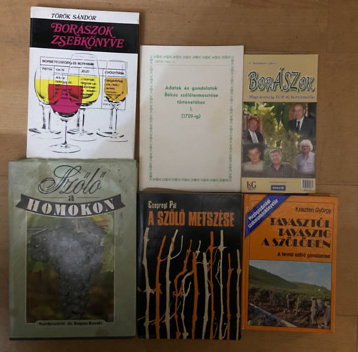 T�r�k S�ndor, Csepregi P�l, Kriszten Gy�rgy, Kelemen G�bor, dr. Bogn�r K�roly - 4 db k�nyv a sz�l�termeszt�sr�l, bor�szatr�l + 2 db aj�nd�k f�zet a sz�l�r�l, bor�szokr�l - Sz�l� a homokon, Bor�szok zsebk�nyve, a sz�l� metsz�se, Tavaszt�l tavaszig a sz�l�ben, Bor�szok, Adatok �s gondolatok B�k�s sz�l