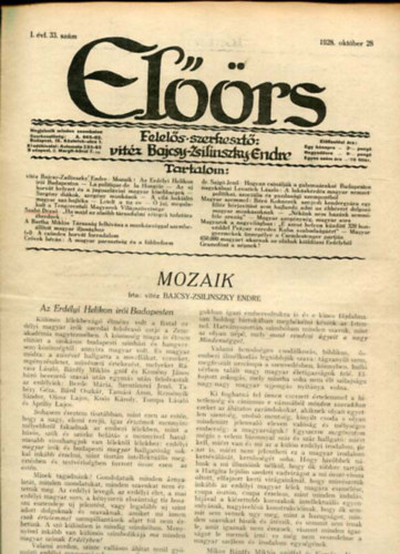 vitz Bajcsy-Zsilinszky Endre ( felels szerkeszt) - Elrs folyirat I. vf. 33. szm. 1928. oktber 28.