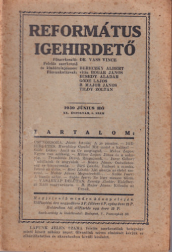 Bereczky Albert - Reform�tus igehirdet� 1939 j�nius XX. �vf. 6.sz�m