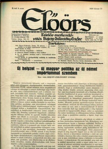 vitz Bajcsy-Zsilinszky Endre ( felels szerkeszt) - Elrs folyirat II. vf. 8. szm. 1929. februr 23.