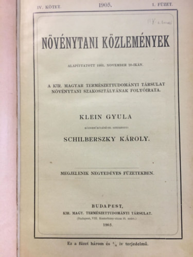 Klein Gyula, Dr. Schilberszky Kroly - Nvnytani kzlemnyek IV.