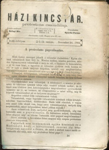 Ballagi Mr (szerk.), Gyrfs Ferenc - Hzi kincstr. Protestns csaldi lap. 5-dik vfolyam. 24-ik szm. November 24. 1864.