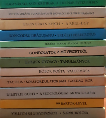 12 db T�ka k�nyv: Nagyv�radi sz�nikritik�k a holnap �vtized�ben, E�tv�s L�r�nt tudom�nyos �s m�vel�d�spolitikai �r�saib�l, A Redl-�gy, Erd�lyi peregrinus, B�l�ni Farkas S�ndor napl�ja, Gondolatok a m�v�szetr�l, Tanulm�nyo