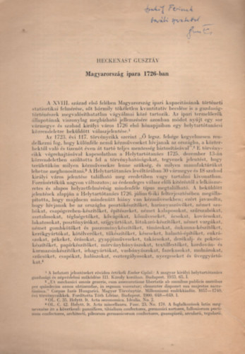 Heckenast Gusztáv - Magyarország ipara 1726-ban - dedikált- Különlenyomat