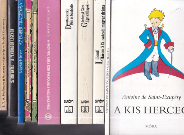 10 db k�telez� olvasm�ny: A kis herceg + Liliomfi + Egri csillagok + B�n �s b�nh�d�s + A nagy per, mely ezer �ve folyik s m�g sincs v�ge + Ballad�k + Kincskeres� kisk�dm�n + Az ember trag�di�ja + A Pendragon legenda + Az arany vir�g