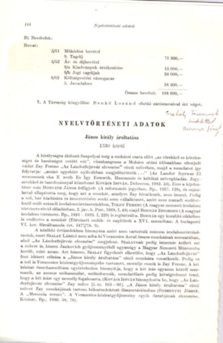 J�nos kir�ly �rultat�sa 1530 k�r�l-  nyelvt�rt�neti adatok - dedik�lt- K�l�nlenyomat
