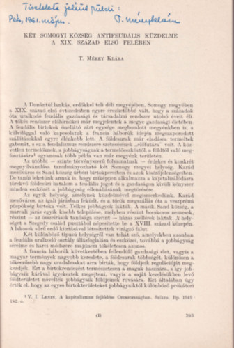 T. Mérey Klára - Két somogyi község antifeudális küzdelme a XIX. század első felében - Különlenyomat - dedikált