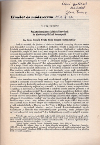 Glatz Ferenc - Szaktudományos kérdésfeltevések és történeti-politikai koncepció ( A fiatal Szekfü Gyula bécsi éveinek történetéből ) - Dedikált - Különlenyomat