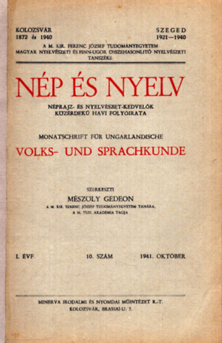Mszly Gedeon (szerk.) - Np s nyelv - Nprajz- s Nyelvszet-kedvelk kzrdek havi folyirata I. vf. 10. szm 1941. oktber