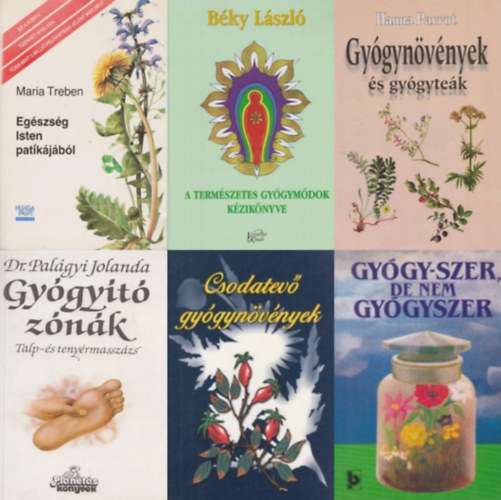 Béky László, Maria Treben, Dús Ágnes, Hanna Parrot - 6 db természetgyógyász könyv: A természetes gyógymódok kézikönyve + Egészség Isten patikájából + Csodatevő gyógynövények + Gyógy-szer, de nem gyógyszer + Gyógynövények és gyógyteák + Gyógyító zónák - Talp- és tenyérm