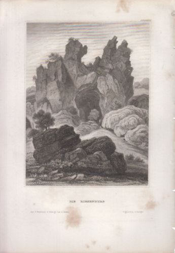 Die Riesenburg (karsztbarlangrom Engelhardsberg mellett, Németország, Európa) (16x23,5 cm méretű eredeti acélmetszet, 1856-ból)