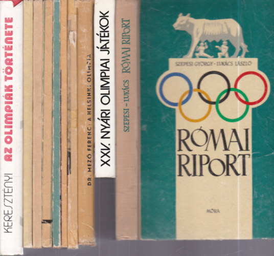 10 db. olimpiás kötet (Római riport + Olimpiai kalauz sportbarátoknak, tévénézőknek + A helsinki olimpia + Ez történt Rómában + München '72: Olimpia előtt az olimpiáról + München '72. + Ez történt Mexikóban + A Képes Sport jelent