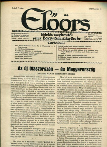 vitz Bajcsy-Zsilinszky Endre ( felels szerkeszt) - Elrs folyirat II. vf. 7. szm. 1929. februr 16.