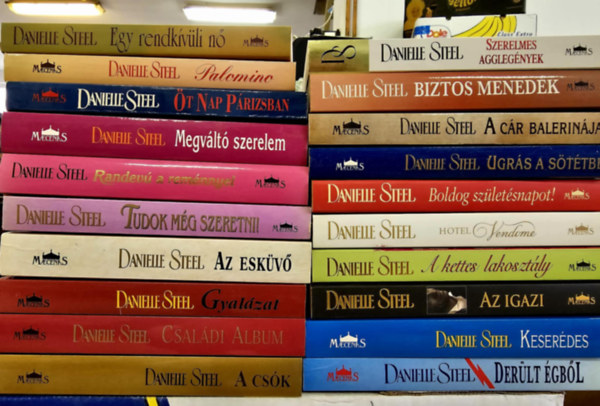 Danielle Steel - 20db Steel ktet, KNYVMENT AJNLAT: Egy rendkvli n+ Palomino+ t nap Prizsban+ Megvlt szerelem+ Randev a remnnyel+ Tudok mg szeretni+ Az eskv+ Gyalzat+ Csaldi album+ A csk+ Szerelmes agglegnyek+ Biztos menedk+ A