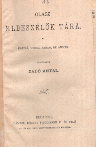Rad Antal - Olasz elbeszlk tra ( Magyar Knyvtr Sorozat )