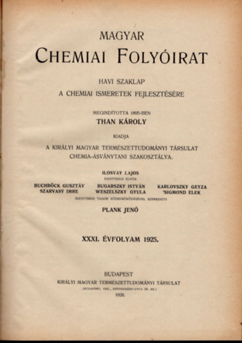 Plank Jen (szerk.) - Magyar chemiai folyirat 1925. 1-12. ( teljes vfolyam, egybektve)