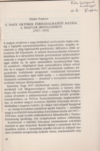 Jzsef Farkas - A nagy oktber forradalmast hatsa a magyar irodalomban (1917-1919). (Klnlenyomat a Nagy Oktber s a Magyarorszgi Forradalmak cm kiadvnybl)