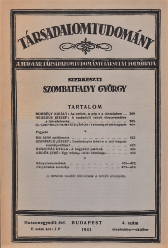 Szombatfalvy Gyrgy (Szerk.) - Trsadalomtudomny - A Magyar Trsadalomtudomnyi Trsulat folyirata 21. vf. 4. szm (1941)