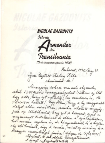 Nicolae Gazdovits - Istoria Armenilor din Transilvania. - Dedikált.