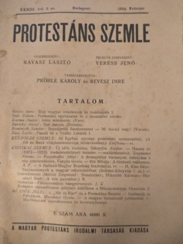 Ravasz Lszl, Rvsz Imre - Sid Zoltn - Kozma Andor - Remnyik Sndor - Rcz Lajos - Protestns szemle 1924. Februr