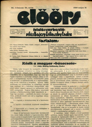 vitz Bajcsy-Zsilinszky Endre ( felels szerkeszt) - Elrs folyirat III. vf. 22. szm. 1930. mjus 31.