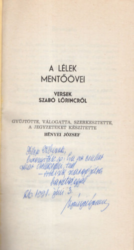 B�nyei J�zsef - A l�lek ment��vei - Versek Szab� L�rincr�l - Dedik�lt ( Koszor� 4. )