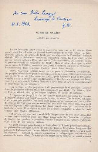 Waldapfel József - Gorki et Madách - Annales Universitatis Scientiarum Budapestinensis de Rolando Eötvös nominatae Tomus IV. (Dedikált)
