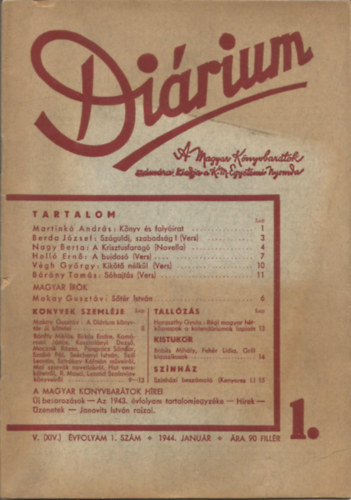 M�t� K�roly-Kenyeres Imre - Di�rium V. (XIV.) �vfolyam, 1. sz�m 1944. Janu�r