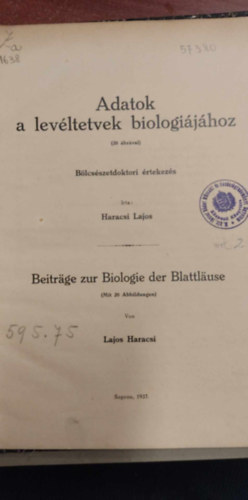 Haracsi Lajos - Adatok a lev�ltetvek biol�gi�j�hoz 20 �br�val