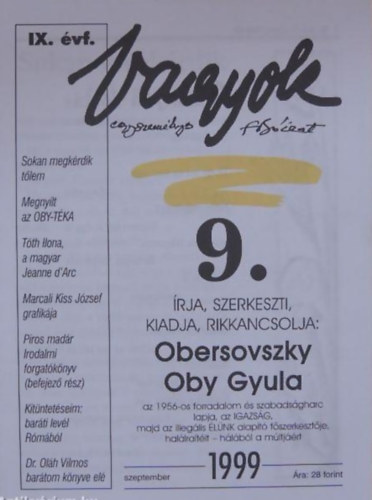Obersovszky Oby Gyula - Vagyok. Egyszem�lyes foly�irat. IX. �vfolyam, 9. sz�m, 1999. szeptember