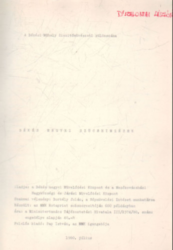 Szerk:Borbély Jolán - Békés megyei szűcshímzések - Békési Műhely díszítőművészeti különszáma