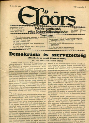 vitz Bajcsy-Zsilinszky Endre ( felels szerkeszt) - Elrs folyirat II. vf. 36. szm. 1929. szeptember 7.