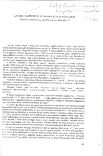 T�th Istv�n - Az Egri V�rm�zeum feliratos r�mai k�eml�kei - dedik�lt - K�l�nlenyomat