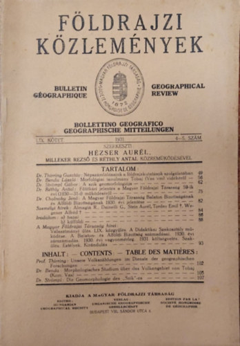 Dr. Hzser Aurl (szerk.) - Fldrajzi kzlemnyek LIX. Ktet 1931. 4-5. szm