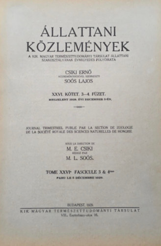 Csiki Ern, Sos Lajos (szerk.) - llattani kzlemnyek XXVI. ktet 3-4. fzet