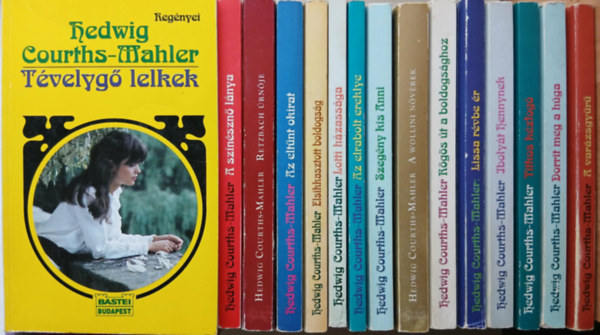 15 db Hedwig Courths-Mahler könyv: A varázsgyűrű, Tévelygő lelkek, A színésznő lánya, Az eltűnt okirat, Az elrabolt ereklye, Szegény kis Anni, Lissa révbe ér, Ibolyát Hennynek, Titkos kézfogó)