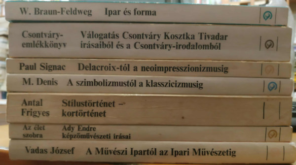 Wilhelm Braun-Feldweg, Csontvry Kosztka Tivadar, Paul Signac, Maurice Denis, Antal Frigyes, Jzsef Vadas, Ady Endre - 7 db Mvszettrtnet: A Mvszi Ipartl az Ipari Mvszetig; Az let szobra; Stlustrtnet - kortrtnet; A szimbolizmustl a klasszicizmusig; Delacroix-tl a neoimpresszionizmusig; Ipar s forma; Csontvry-emlkknyv