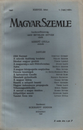 Dr. Eckhardt Sndor (Szerk.) - Magyar Szemle 1940/XXXVIII.ktet I.(149.)szm
