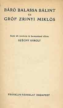 Szchy Kroly (szerk.) - Br Balassa Blint s grf Zrinyi Mikls