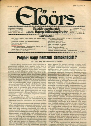 vitz Bajcsy-Zsilinszky Endre ( felels szerkeszt) - Elrs folyirat II. vf. 31. szm. 1929. augusztus 3.