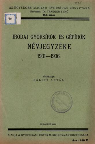 Blint Antal - Irodai gyorsrk s gprk nvjegyzke 1931-1936