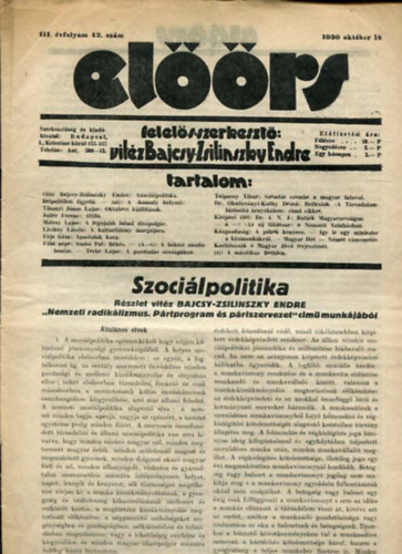 vitz Bajcsy-Zsilinszky Endre ( felels szerkeszt) - Elrs folyirat III. vf. 42. szm. 1930. oktber 18.