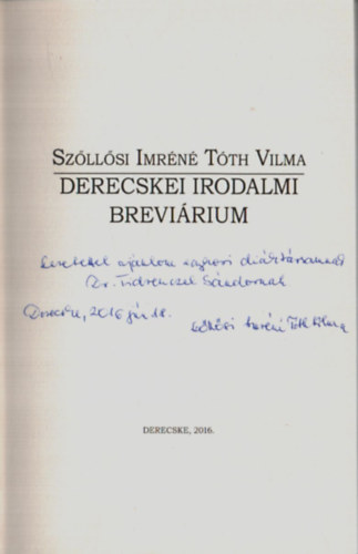 Sz�ll�si Imr�n� T�th Vilma - Derecskei Irodalmi Brevi�rium.