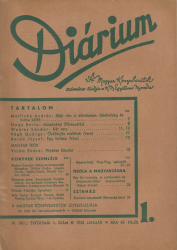 M�t� K�roly-Kenyeres Imre - Di�rium  IV. (XIII.) 1943. teljes �vfolyam