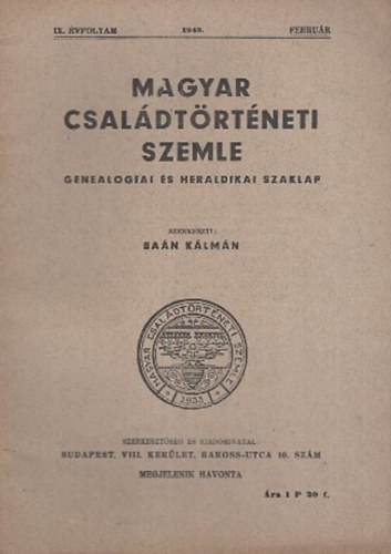 Ba�n K�lm�n (szerk.) - Magyar csal�dt�rt�neti szemle (IX. �vf. 1943. febru�r)