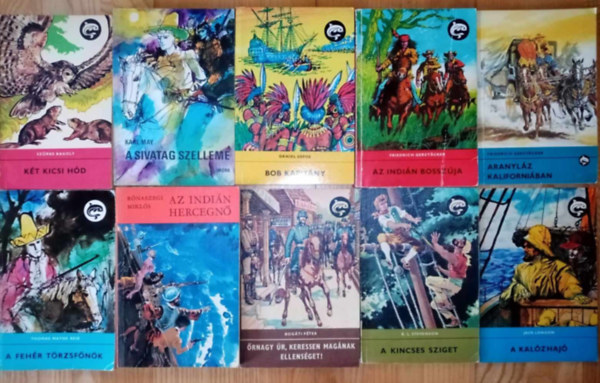 Sz�rke Bagoly, Karl May, Daniel Defoe, Friedrich Gerst�cker, Thomas Mayne Reid, R�naszegi Mikl�s, Robert Louis Stevenson, Jack London - (10 db) Delfin ifj�s�gi k�nyvcsomag: K�t kicsi h�d / A sivatag szelleme / Bob kapit�ny / Az indi�n bossz�ja / Aranyl�z kaliforni�ban / A feh�r t�rzsf�n�k / Az indi�n hercegn� / Bog�ti �rnyagy / A kincses sziget / A kal�zhaj�